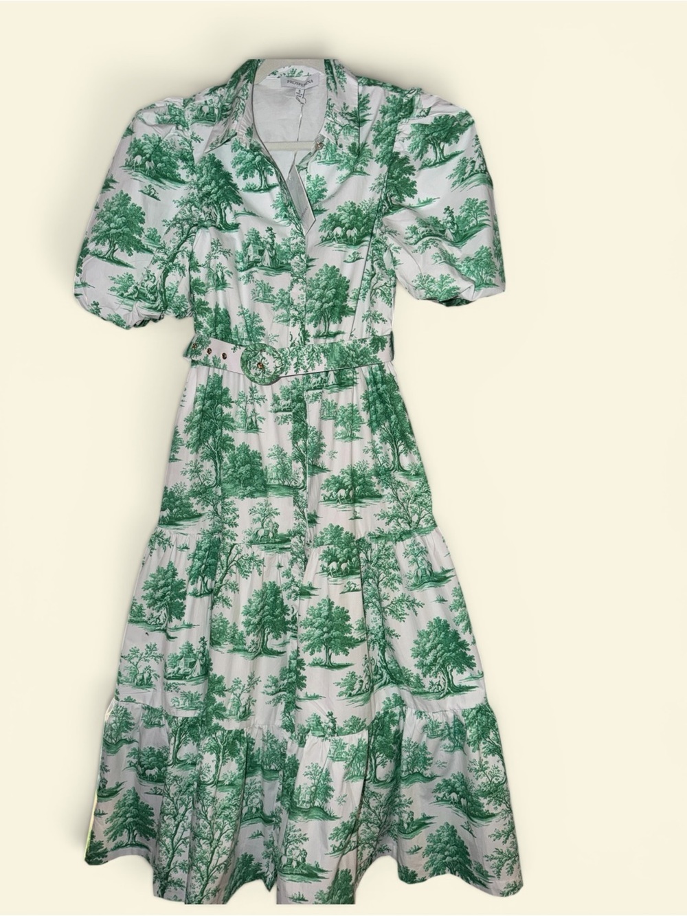 NWT Prosperina Toile Print Midi Dress Green White Belted Button Up Cottagecore